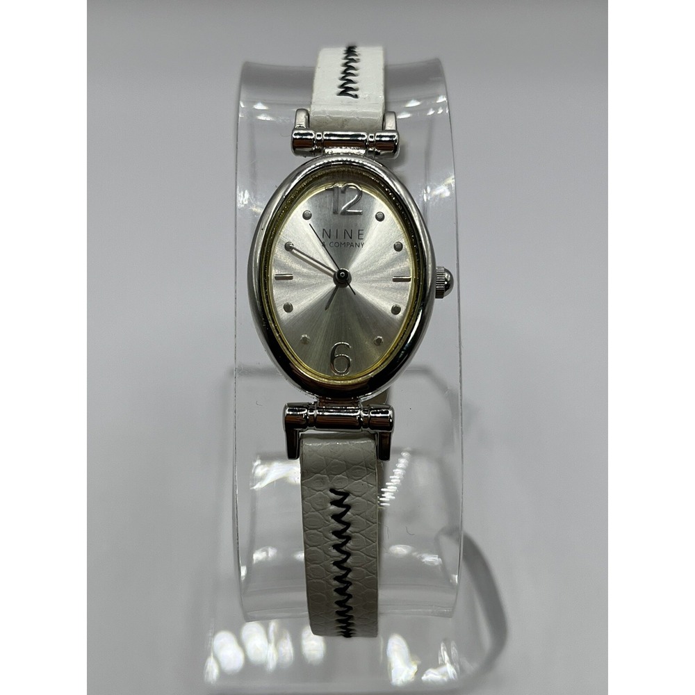 Nine & Company Watch Women's Stainless Silver White Leather‎ Band- New Battery!